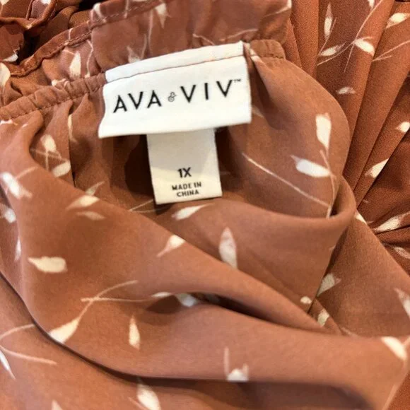 Long Sleeve Blouse,  Dark Coral, Front Key Whole Bottom, Ruffled Neck Line, 1X - Picture 2 of 7